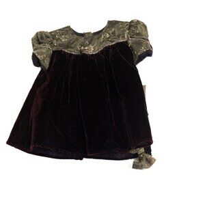 Vintage Size 6M Green & Burgundy Velvet Holiday Dress W/ Floral Bodice & Bow